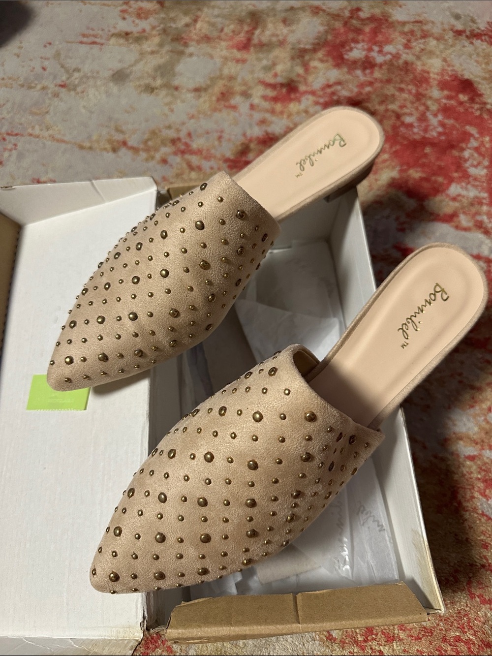 Bonnibel Taupe Pointed-Toe Studded Mule